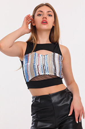 Fermuarlı Önü Payetli Büstiyer | Blz32119 Siyah