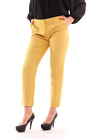 Bilekte Taş Baskılı  Kumas Pantolon | Pnt19020 Safran