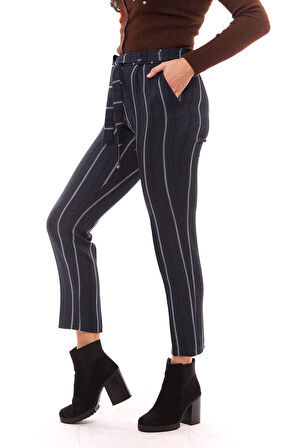 Beli Kemerli Bilekte  Pantolon | PNT19022 İndigo Çizgili