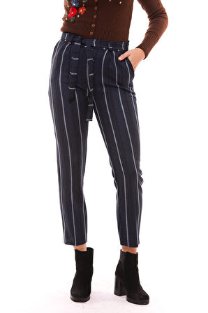 Beli Kemerli Bilekte  Pantolon | PNT19022 İndigo Çizgili