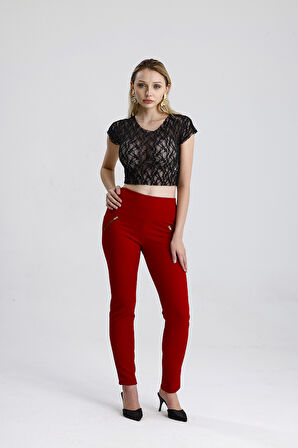 Süs Metal Fermuar Cepli Twin Krep Pantolon | PNT32348 Bordo