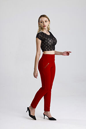 Süs Metal Fermuar Cepli Twin Krep Pantolon | PNT32348 Bordo