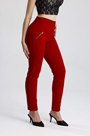 Süs Metal Fermuar Cepli Twin Krep Pantolon | PNT32348 Bordo