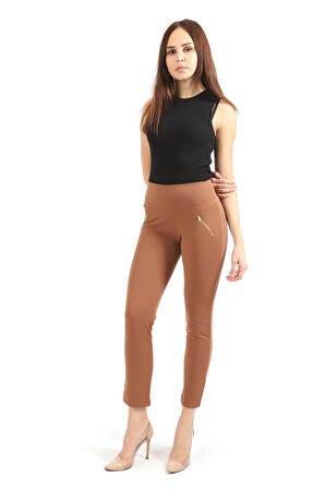 Süs Metal Fermuar Cepli Twin Krep Pantolon | PNT32348 K. Vizon