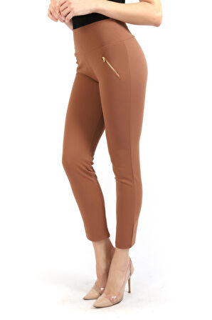 Süs Metal Fermuar Cepli Twin Krep Pantolon | PNT32348 K. Vizon