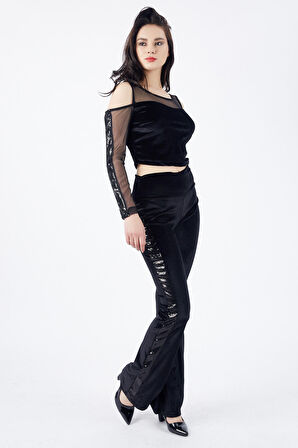 Yanları Payetli Yüksek Kemer Kadife Pantolon | Pnt32381 Siyah