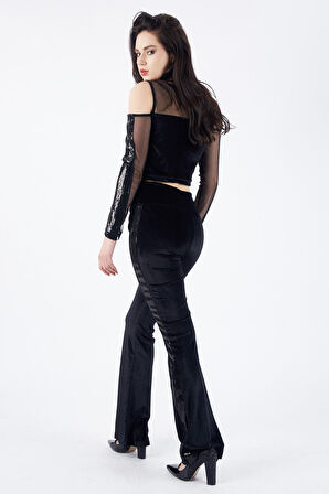 Yanları Payetli Yüksek Kemer Kadife Pantolon | Pnt32381 Siyah