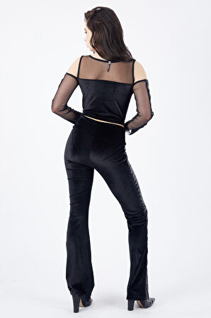 Yanları Payetli Yüksek Kemer Kadife Pantolon | Pnt32381 Siyah