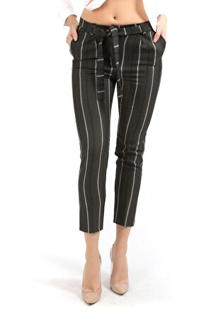 Beli Kemerli Bilekte  Pantolon | PNT19022 Haki Çizgili