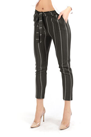 Beli Kemerli Bilekte  Pantolon | PNT19022 Haki Çizgili