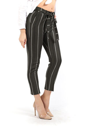 Beli Kemerli Bilekte  Pantolon | PNT19022 Haki Çizgili