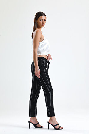 Beli Kemerli Bilekte  Pantolon | PNT19022 Siyah Çizgili