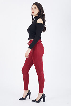 Beli Kumaş Kaplama Kemerli Önü Çıma Dikiş Ütü İzli Dar Paça Süet Pantolon | Pnt32569 Bordo