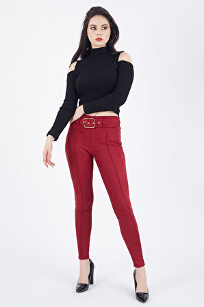 Beli Kumaş Kaplama Kemerli Önü Çıma Dikiş Ütü İzli Dar Paça Süet Pantolon | Pnt32569 Bordo