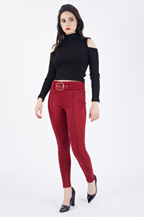 Beli Kumaş Kaplama Kemerli Önü Çıma Dikiş Ütü İzli Dar Paça Süet Pantolon | Pnt32569 Bordo