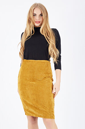 Gizli Fermuarlı Uzun Kadife Etek | Etk32567 Hardal