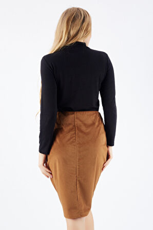 Gizli Fermuarlı Uzun Kadife Etek | Etk32567 Taba