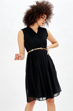 Beli Kemerli Kruvaze Şifon Ofis Elbisesi K.Siyah,