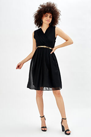 Beli Kemerli Kruvaze Şifon Ofis Elbisesi K.Siyah,