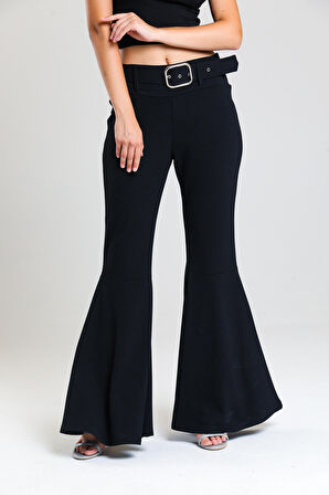 Kumaş Kaplama Kemerli Diz Altı Volanlı Pike Pantolon | PNT32971 Siyah