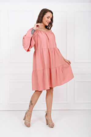 Uzun Kol Madonna Yaka Elbise | ELB32691 Gül