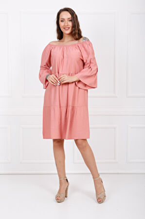 Uzun Kol Madonna Yaka Elbise | ELB32691 Gül