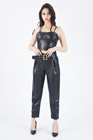 Kemerli Yüksek Bel Yandana Gizli Fermuarlı Deri Pantolon | PNT33134 Siyah