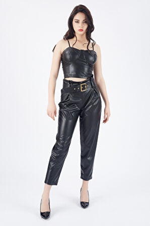 Kemerli Yüksek Bel Yandana Gizli Fermuarlı Deri Pantolon | PNT33134 Siyah