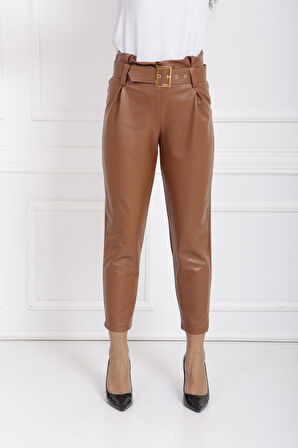 Kemerli Yüksek Bel Yandana Gizli Fermuarlı Deri Pantolon | PNT33134 Taba