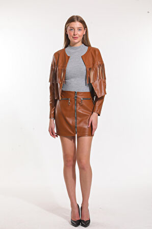 Metal Fermuarlı Deri Mini Etek | ETK33132 Taba