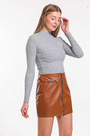 Metal Fermuarlı Deri Mini Etek | ETK33132 Taba