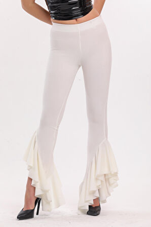 Kemerli Paça Volanlı Pike Çelik  Pantolon | Pnt32698 Ekru