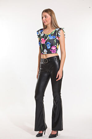 Kemerli İspanyol Paça Şardonlu Deri Pantolon PNT33313 Siyah