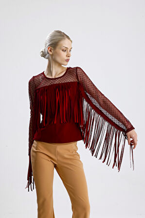 Püsküllü Dalgıç Scuba Krep Tül  Bluz | Blz33372 Bordo