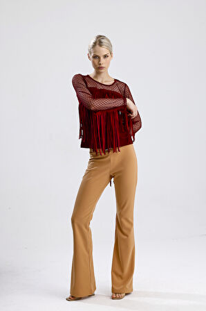 Püsküllü Dalgıç Scuba Krep Tül  Bluz | Blz33372 Bordo