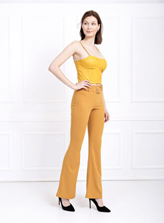 İspanyol Paça Kemerli Örme Kumaş Pantolon PNT32439 Hardal