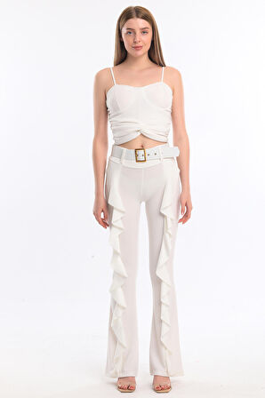 Kemerli Volanlı Scuba Krep Pantolon | Pnt32716 Ekru