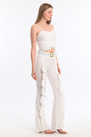 Kemerli Volanlı Scuba Krep Pantolon | Pnt32716 Ekru