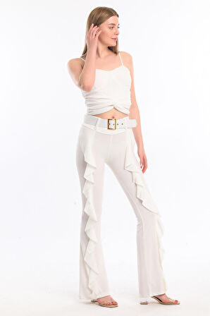 Kemerli Volanlı Scuba Krep Pantolon | Pnt32716 Ekru