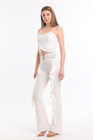 Kemerli Volanlı Scuba Krep Pantolon | Pnt32716 Ekru