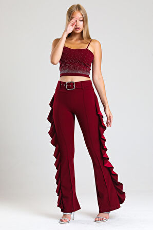 Sarı Toka Kemerli Yandan Volanlu Scuba Krep Pantolon_Pnt32717 Bordo