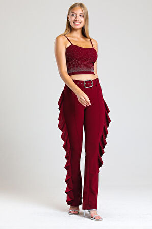 Sarı Toka Kemerli Yandan Volanlu Scuba Krep Pantolon_Pnt32717 Bordo