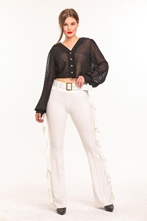 Sarı Toka Kemerli Yandan Volanlu Scuba Krep Pantolon_Pnt32717 Ekru