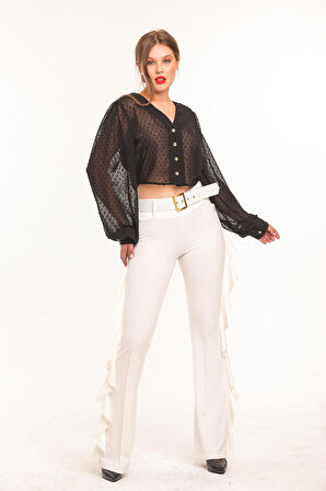 Sarı Toka Kemerli Yandan Volanlu Scuba Krep Pantolon_Pnt32717 Ekru