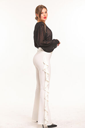 Sarı Toka Kemerli Yandan Volanlu Scuba Krep Pantolon_Pnt32717 Ekru