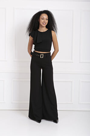 Yanları Kumaş Kaplama Kemerli İspanyol Paça Scuba Krep Pantolon | PNT33393 Siyah