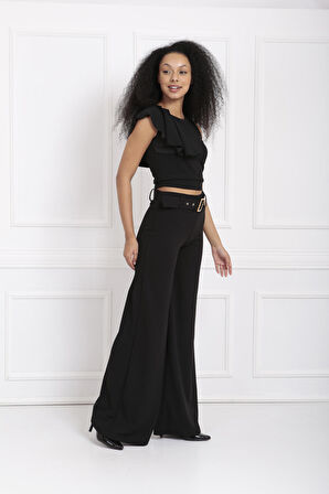 Yanları Kumaş Kaplama Kemerli İspanyol Paça Scuba Krep Pantolon | PNT33393 Siyah