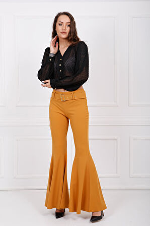 Kumaş Kaplama Kemerli Diz Altı Volanlı Pike Pantolon | PNT32971 Safran