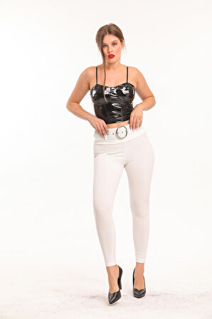 Kemerli  Scuba Krep Pantolon | PNT33395 Ekru