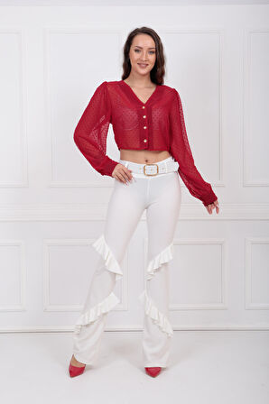 Beli 5 Cm.Kumaş Kaplama  Kemerli Önler 2 Volanlı Scuba Krep Pantolon | PNT33363 Ekru